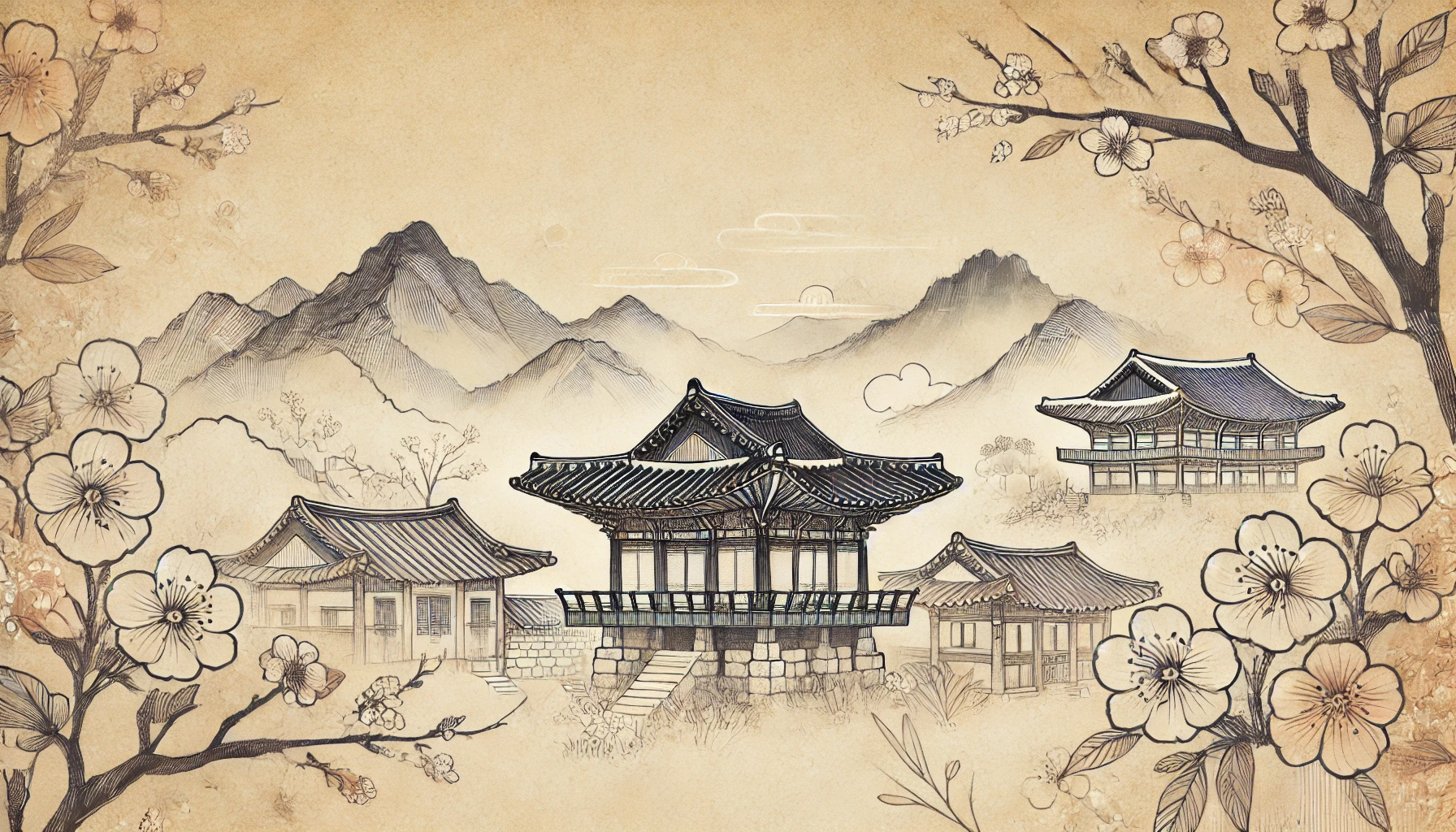 DALL·E 2025 02 12 16.30.15   A hand drawn Korean inspired background featuring traditional elements. The illustration includes delicate ink and pencil strokes, depicting a serene