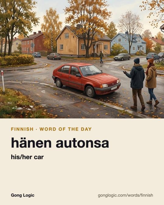 The Finnish word hänen autonsa, illustrated