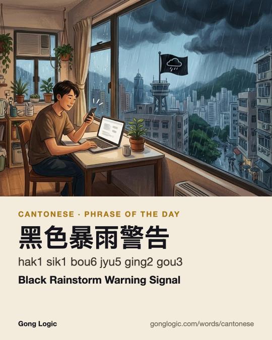 The Cantonese word 黑色暴雨警告, illustrated