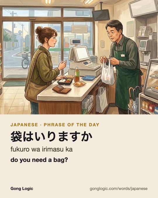 The Japanese word 袋はいりますか, illustrated