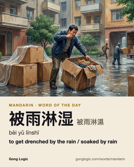 The Mandarin word 被雨淋湿, illustrated