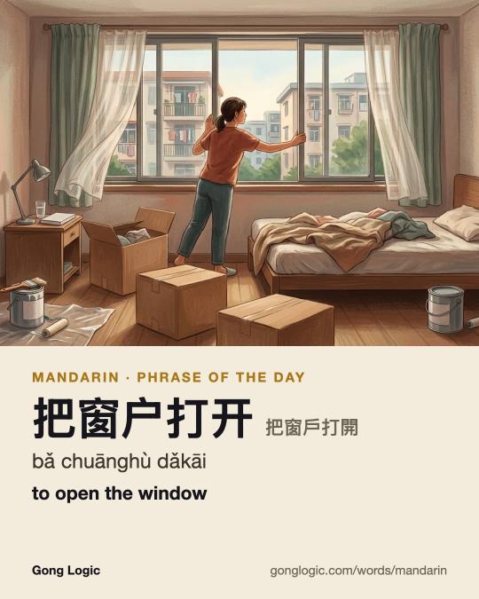 The Mandarin word 把窗户打开, illustrated